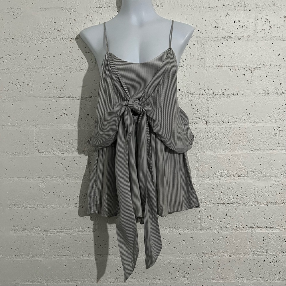 Latiste Byami Womens Romper S Gray White Striped Zip Back Tie Front 100% Rayon